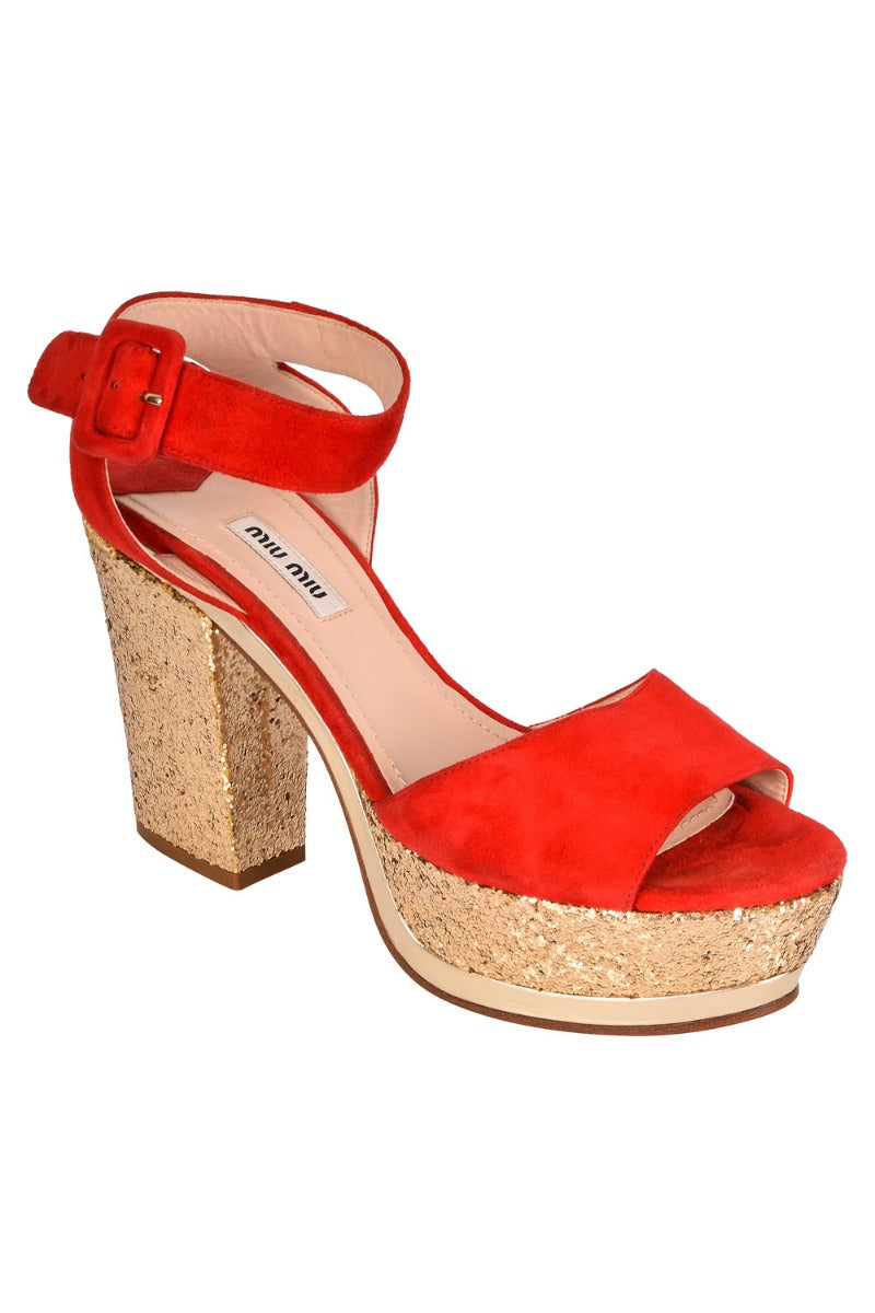 Miumiu Miu Miu Red Glitter Suede Peeptoes