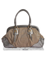 Prada Brown/Beige Canapa Logo Frame Handbag