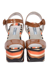 Prada Patent Striped Cognac Wedge Sandals