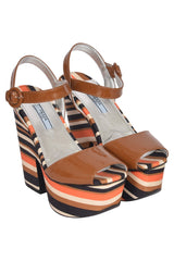 Prada Patent Striped Cognac Wedge Sandals