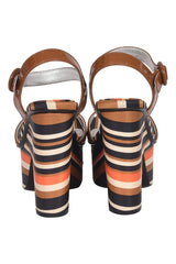 Prada Patent Striped Cognac Wedge Sandals