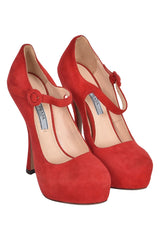 Prada Suede Mary Jane Platform Red Pumps