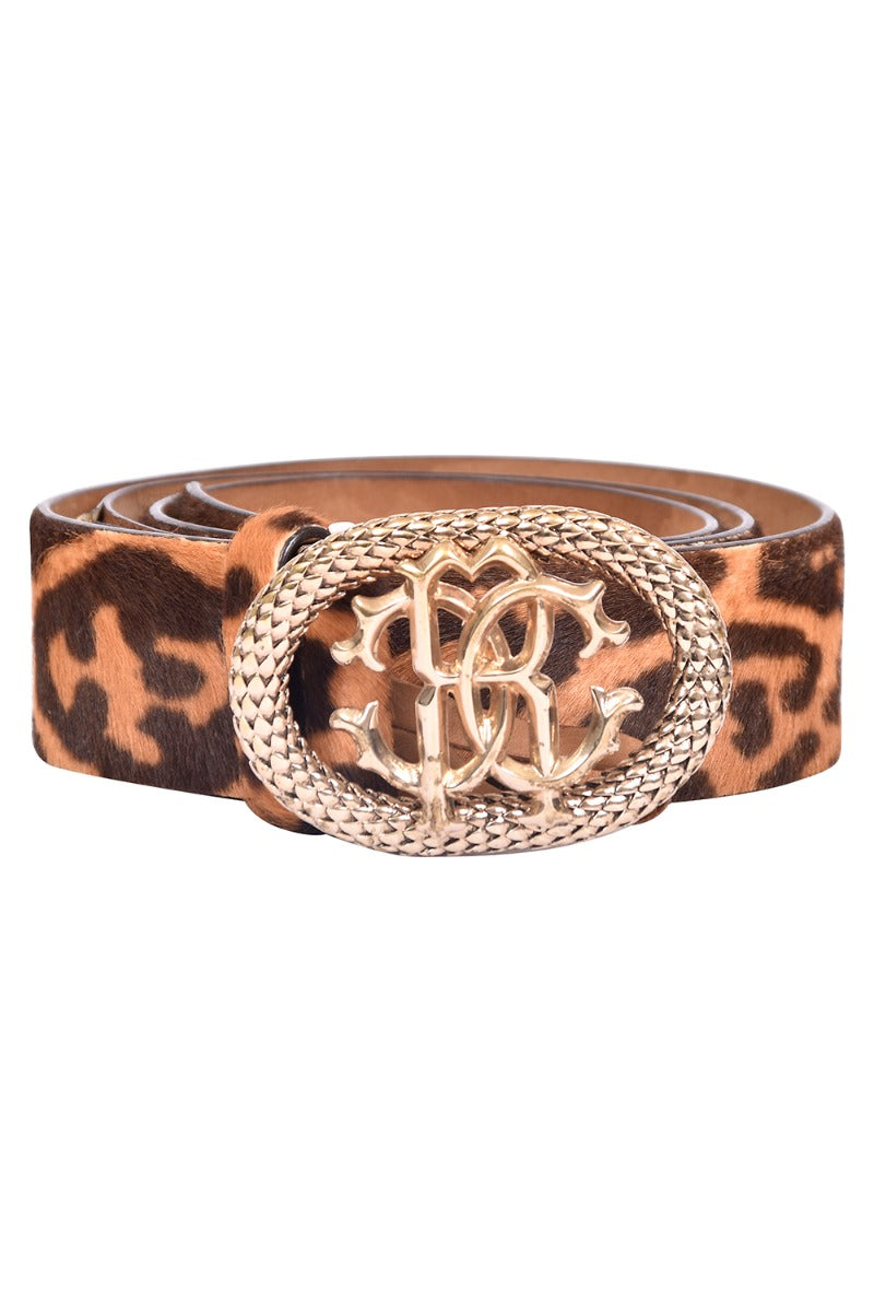 Roberto Cavalli Leopard Calf Hair Logo Belt