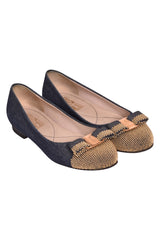 Salvatore Ferragamo Denim Fabric Studded Vara Bow Ballerinas