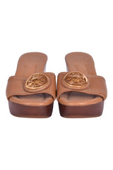 Tory Burch Selma Logo Tan Pebbled Leather Wedges