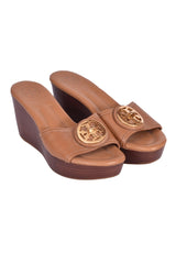 Tory Burch Selma Logo Tan Pebbled Leather Wedges