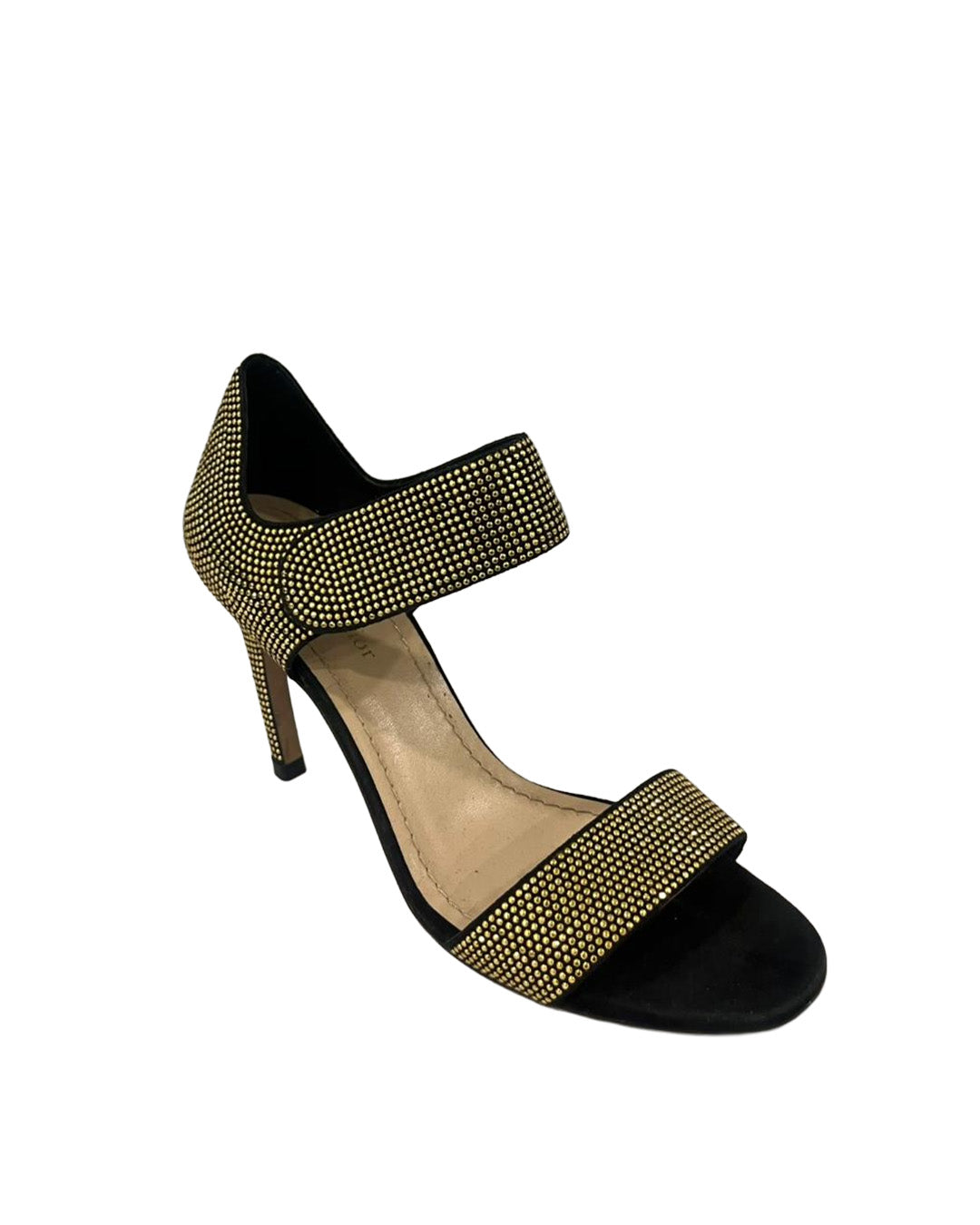 CHRISTIAN DIOR EU 37.5 GOLD STUDDED SUEDE OPEN-TOE ANKLE STRAP SANDALS