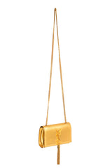 Saint Laurent Gold Metallic Leather Classic Monogram Tassel Small Flap Bag