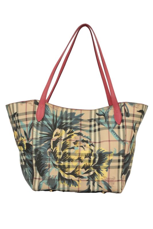 BURBERRY FLORAL NOVA CHECK BEIGE TOTE BAG